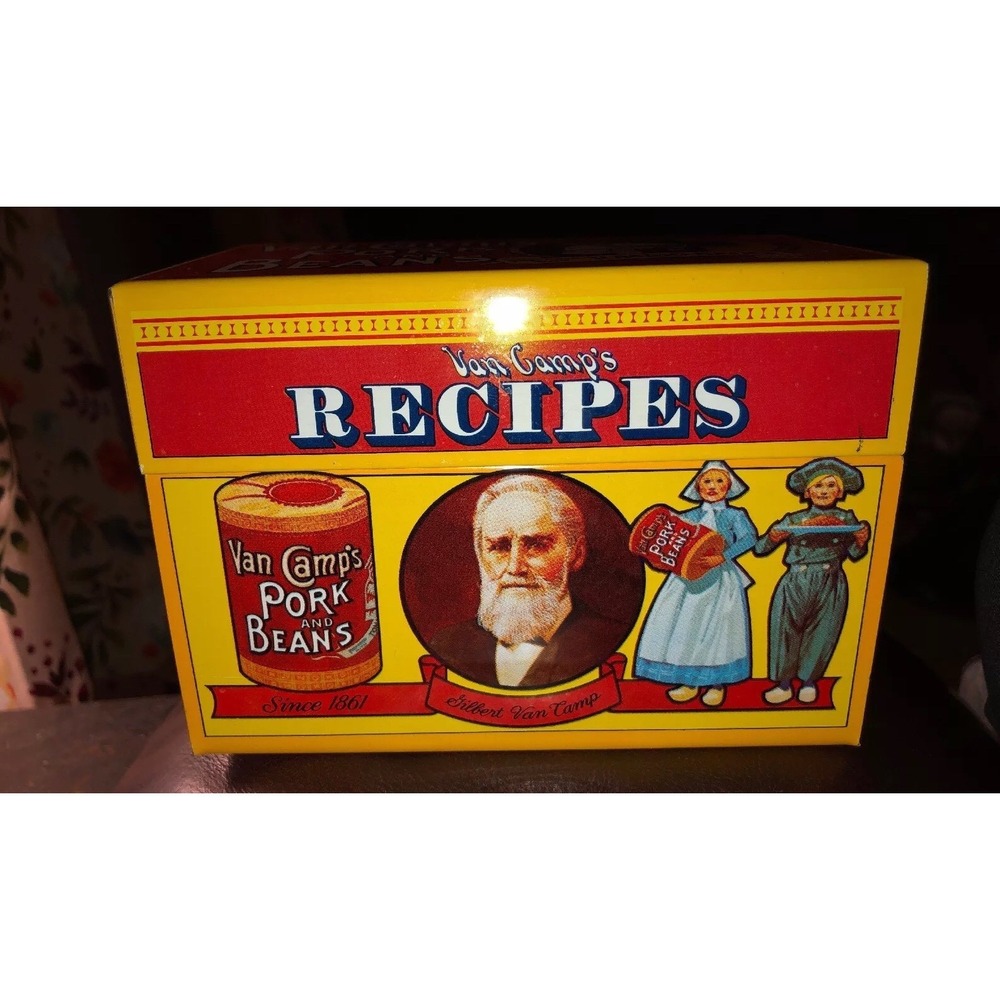Vintage 1986 Van Camps Pork and Beans Recipe Box Tin w Hinged Lid‎ Yellow